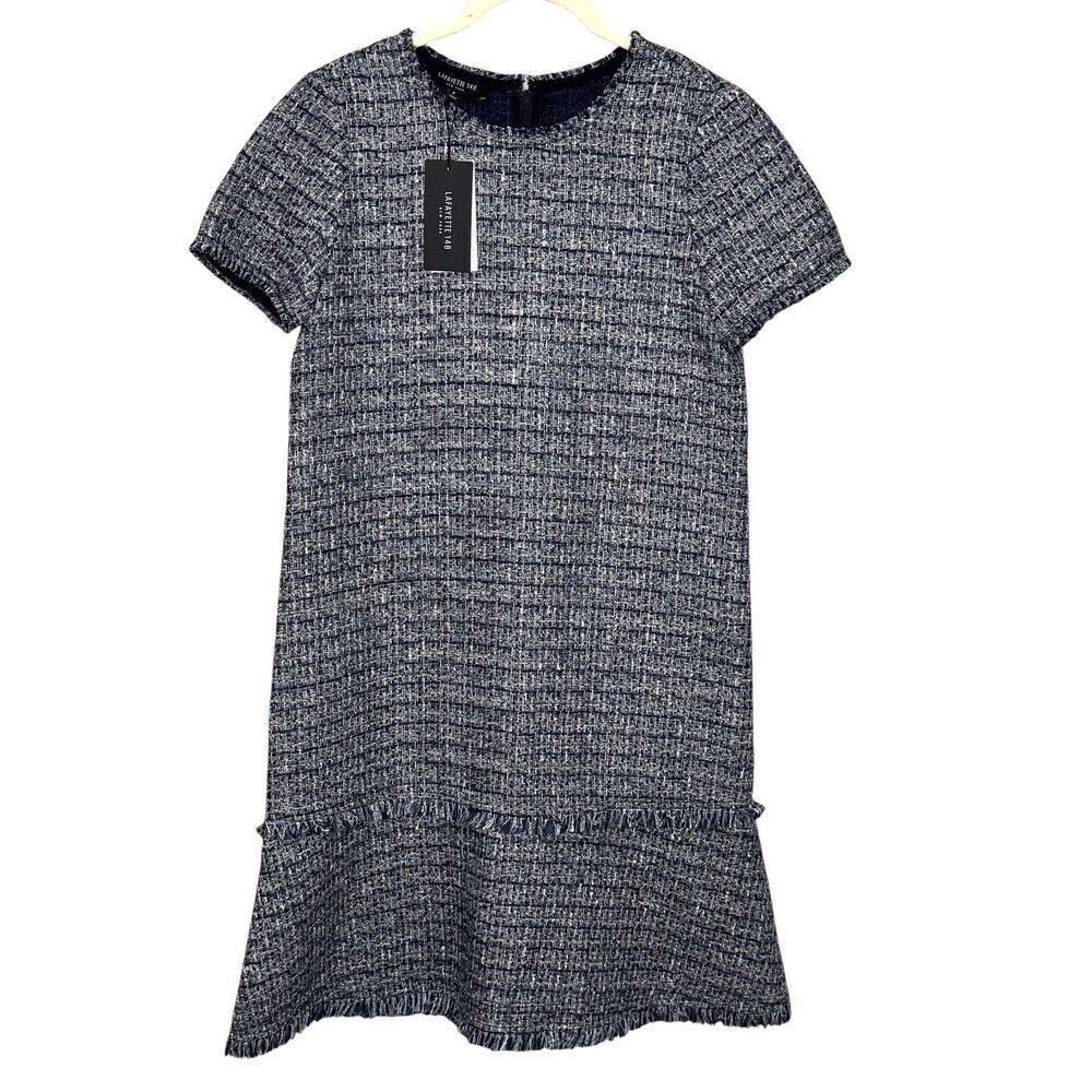 Lafayette 148 Dress Womens Petite Small Shift Tweed Fringe New Pockets